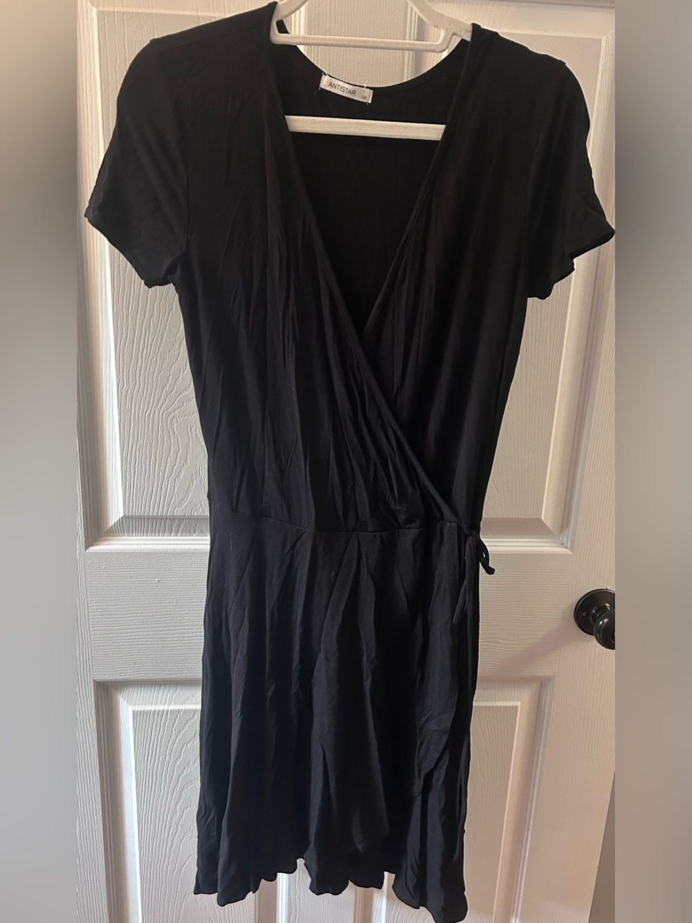 Women's Black Wrap Midi Dress with Short Sleeves